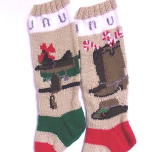 Western Christmas Stocking Set.  Saddle/Hat/Boots/Red Bow. Tan Background - Horse Shoes on Cuff- Fair Isle Hand Knit - 21in - ONE-OF-A-KIND