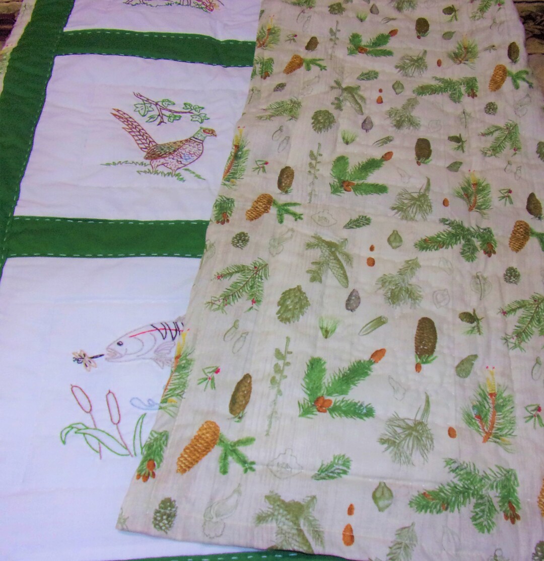 Woodlands Quilt/lap Robe, Crib Cover Wild Animals, Birds, Hunting and Fishing Hand Made Hand