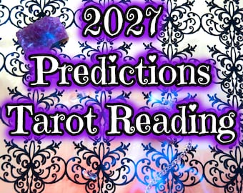 May include: A graphic featuring the text 2027 Predictions Tarot Reading in white with a purple glow, set against a black and white damask pattern. A small, jagged purple crystal and a thin silver chain are visible on the patterned surface.