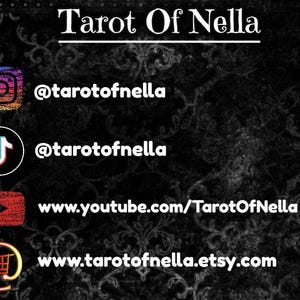 Puede incluir: Gr&aacute;fico en blanco y negro con el texto "Tarot Of Nella" en la parte superior. Debajo del texto hay cuatro iconos de redes sociales con nombres de usuario y direcciones de sitios web: Instagram (@tarotofnella), TikTok (@tarotofnella), YouTube (www.youtube.com/TarotOfNella) y Etsy (www.tarotofnella.etsy.com).