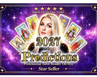 Op de afbeelding: Een digitale afbeelding met een persoon met blond haar omringd door zes tarotkaarten tegen een paarse sterrenstelselachtergrond. De tekst luidt 2027 Predictions, Digital File On-Line Trader, Professional Tarot Reader On Etsy en Star Seller.