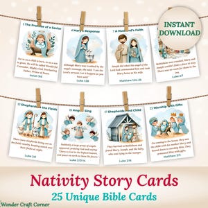25 cartes de récit de la Nativité pour les enfants, versets bibliques de Noël, cartes religieuses imprimables pour enseigner la naissance de Jésus, Écritures des fêtes