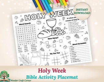 Holy Week Activity Placemat for Kids – Easter Christian Bible Worksheet Printable, Sunday School, Homeschool, Print & Go