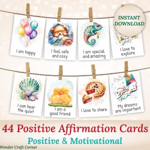 44 tarjetas de afirmación para niños, tarjetas imprimibles positivas y motivadoras, salud mental para niños, alivio de la ansiedad, estímulo, notas para la lonchera