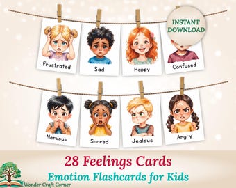 28 Feelings Cards, Printable Emotion Flashcards for Kids, Social Emotional Learning, Preschool & Toddler Activities, Montessori Education
