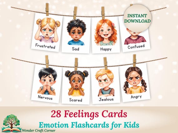 28 Feelings Cards, Printable Emotion Flashcards for Kids, Social Emotional Learning, Preschool & Toddler Activities, Montessori Education