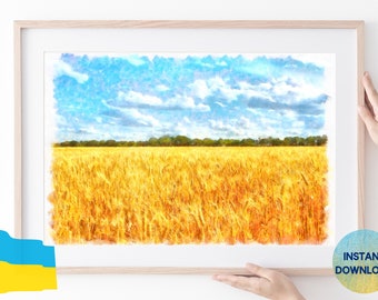 Ukrainian Landscape Wheat Field, Watercolor Ukraine Painting, Yellow And Blue, Ukraine sellers, Ukraine Shops, Digital File Ukrainian Artist