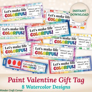Bunter Valentinstag Geschenkanhänger für Farbsets, druckbare Farbanhänger für Kinder, Aquarellfarbe Kartenvorlage, Klassenzimmerbörse ohne Süßigkeiten