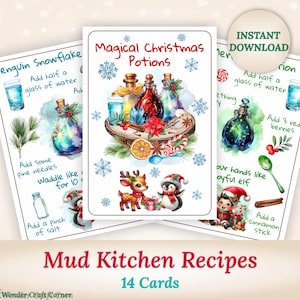 Tarjetas con recetas de cocina de barro para Navidad, tarjetas con pociones navideñas, tarjetas con pociones de cocina de barro para invierno, recetas de cocina de barro para imprimir, juegos con la naturaleza