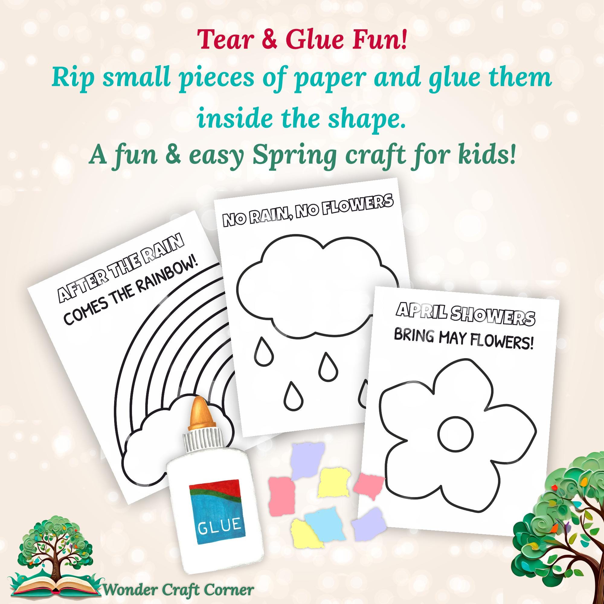 3 Spring Rain Templates, Printable Torn Paper Craft, April Showers ...