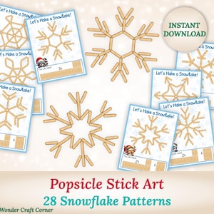 Puede incluir: Patrones de copos de nieve imprimibles para manualidades con palitos de helado. La imagen muestra diseños de copos de nieve terminados y tarjetas de instrucciones con el texto "Let's Make a Snowflake!" y "Instant Download".