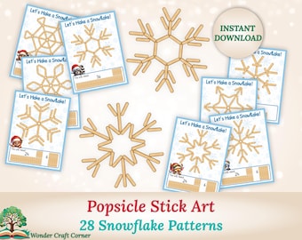 May include: A collection of printable snowflake patterns made with popsicle sticks. The image includes several completed snowflake designs and instruction cards with the text "Let's Make a Snowflake!" and "Instant Download."
