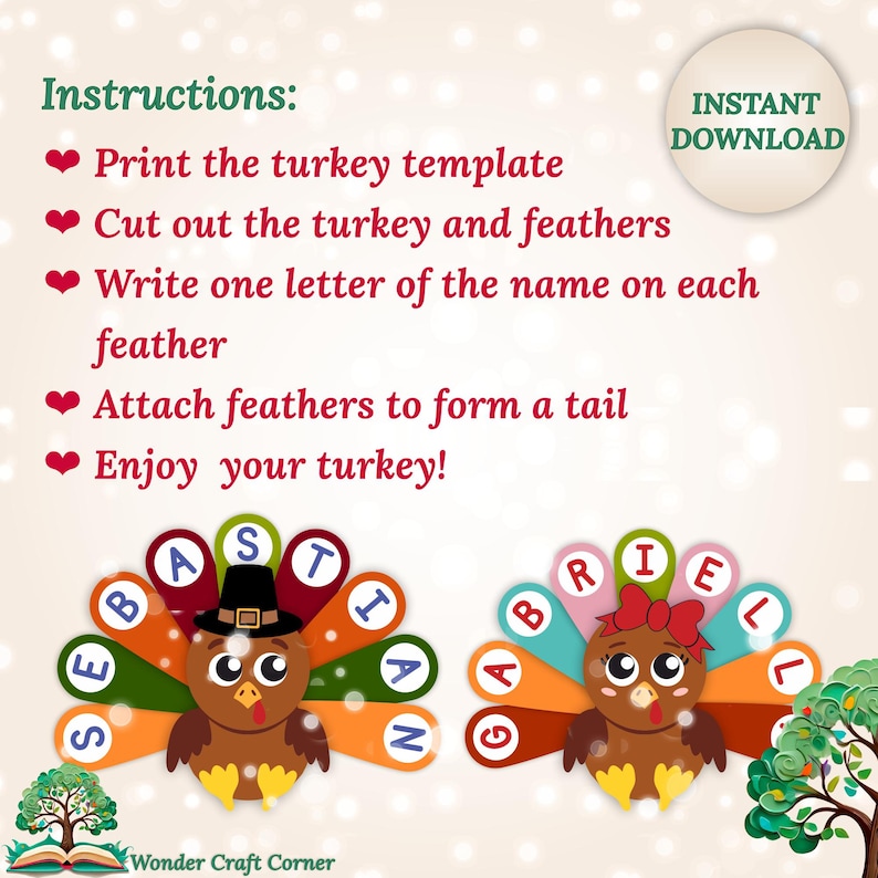 Turkey Name Craft for Boys and Girls, Thanksgiving Fall Activity for