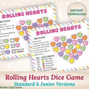 May include: A printable game board for a dice game called "Rolling Hearts". The game board features a heart shape filled with colorful candy hearts. The game instructions are listed on the left side of the board. The game board is designed for two players.