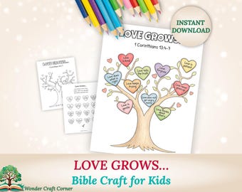May include: A printable Bible craft for kids with the text "Love Grows" and "1 Corinthians 13:4-7". The image features a tree with heart-shaped leaves, each with a word like "kind" or "patient". Colored pencils are in the background.