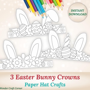 Könnte beinhalten: Druckbare Osterhasen-Kronen-Bastelvorlage. Drei schwarz-weiße Hasenohr-Stirnbänder mit Blumen und Ostereiern. Der Text "Sofort-Download" und "3 Osterhasen-Kronen Papierhut-Basteln" ist im Bild enthalten.