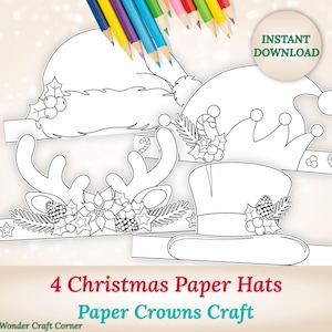 May include: Four Christmas paper hat designs, including a Santa hat, crown, reindeer antlers, and top hat, are displayed. The hats are black and white line drawings, ready to be colored. The image includes the text "4 Christmas Paper Hats Paper Crowns Craft."