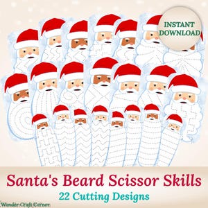 May include: A set of 22 printable Santa beard scissor skills cutting activity sheets. Each sheet features a different design for kids to cut out.  The designs include zigzags, swirls, and straight lines.  The text "Santa's Beard Scissor Skills 22 Cutting Designs" is at the bottom of the image.