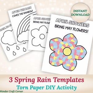 3 modelli di pioggia primaverile, lavoretti di carta strappata stampabili, attività di acquazzoni di aprile per asili nido, scuole materne e bambini piccoli, arte meteorologica fai da te con taglio e colla