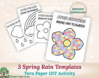 3 plantillas de lluvia de primavera, manualidad imprimible con papel rasgado, actividad de lluvia de abril para guarderías, preescolares y niños pequeños, arte del clima para recortar y pegar.