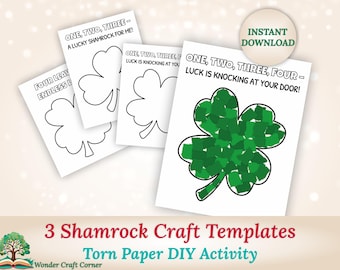 3 Shamrock Templates, Printable St. Patrick’s Day Craft, Torn Paper Kids Activity for Daycare, Preschool and Toddlers, Clover Cut & Glue DIY
