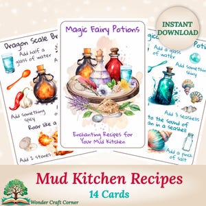 Tarjetas de recetas de cocina de barro, tarjetas de pociones de hadas, tarjetas de pociones de cocina de barro, recetas de cocina de barro imprimibles, materiales Montessori, juegos al aire libre