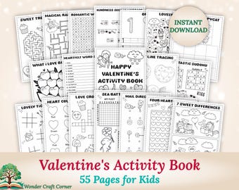 Valentine's Activity Book for Kids - 55 Pages of Fun Activities, Games, Mazes, Coloring, Word Searches and Scramble - Valentine's Day Bundle