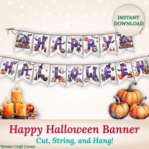 Happy Halloween Banner, Halloween Party Decor, Printable Halloween Pennant Banner, Halloween Garland Flags Banner, Spooky Party Decorations