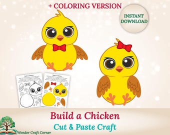 Build a Chicken Craft, Cut and Paste Activity, Printable Easter Chick, Kids Coloring Activity, Chick Craft for Preschool, Toddlers, Daycare