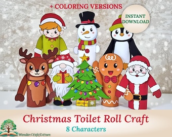 Modelos de artesanato de rolo de papel higiênico de Natal, artesanato de papel higiênico de Natal para crianças para impressão, atividade de corte de feriado, artesanato de papel faça você mesmo e páginas para colorir