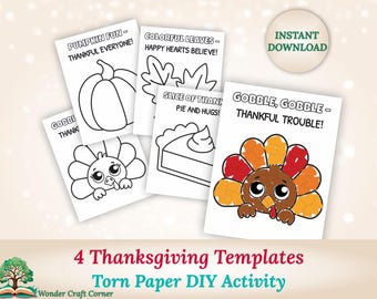 4 modèles de Thanksgiving | Créations en papier déchiré pour enfants | Activité d'automne pour la garderie, les enfants d'âge préscolaire et les tout-petits – Dinde, citrouille, tarte et feuilles
