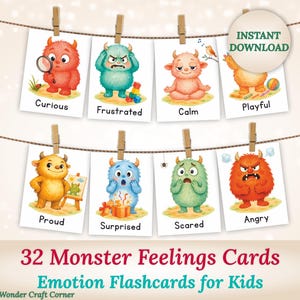 Op de afbeelding: Acht emotie flashcards met monster illustraties, elk met een ander gevoel zoals nieuwsgierig, gefrustreerd en boos. De kaarten zijn met houten wasknijpers aan een touwtje bevestigd. De tekst op de kaarten bevat de namen van de emoties.
