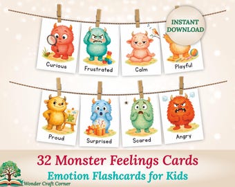 32 Monster Feelings Cards, Printable Emotion Flashcards for Kids, Social Emotional Learning, Preschool & Toddler Montessori Activities