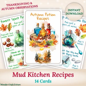 Tarjetas con recetas de cocina de barro otoñal, tarjetas con pociones otoñales, pociones de cocina de barro otoñal, recetas de cocina de barro imprimibles, juegos en la naturaleza, escuela forestal