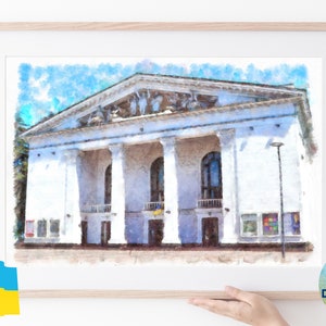Teatro Dramático de Mariupol, cidades ucranianas, pintura ucraniana em aquarela, bandeira da Ucrânia, artista ucraniano, arquivos digitais Vendedores da Ucrânia