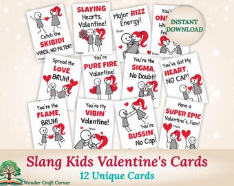 Slang Kids Valentine's Day Cards, Funny Mini Valentine Cards, Printable Classroom Exchange, Trendy Cards for Boys, Girls, Tweens & Teens