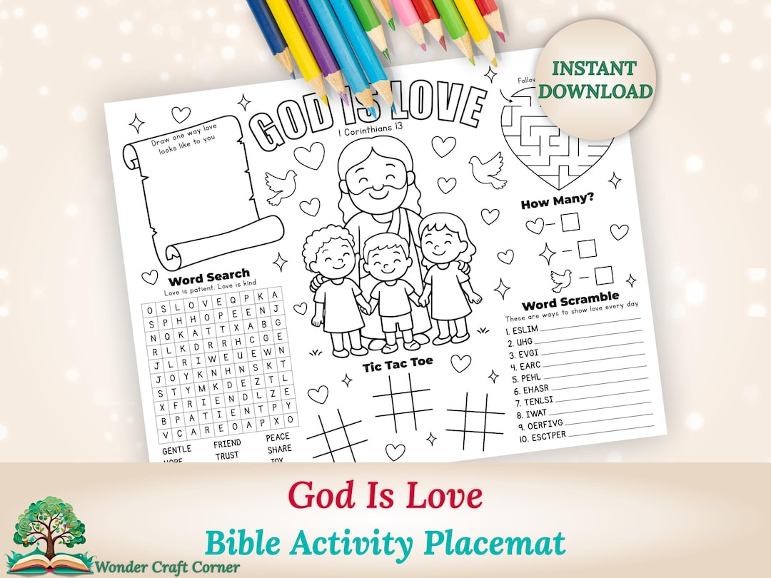 God is Love Bible Activity Placemat for Kids – Christian Coloring ...