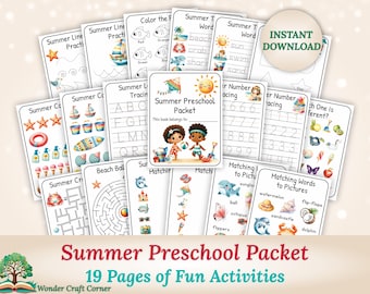 Summer Preschool Packet, 19 Printable Worksheets for Toddlers, Kindergarten & Homeschool: Tracing, Counting, Coloring, Maze, Writing, Shapes