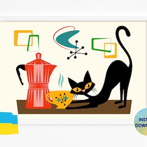 Puede incluir: Impresión de arte moderno de mediados de siglo con un gato negro, una cafetera roja, una taza amarilla y formas geométricas abstractas en verde, amarillo y azul.