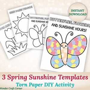 3 modelli di sole primaverile, lavoretti di carta strappata stampabili, attività primaverili per asili nido, scuole materne e bambini piccoli, divertimento fai da te con arte primaverile tagliata e incolla