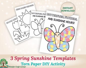 3 plantillas de sol primaveral, manualidad imprimible con papel rasgado, actividad primaveral para guarderías, preescolares y niños pequeños, arte primaveral con recortes y pegamento, divertido DIY.
