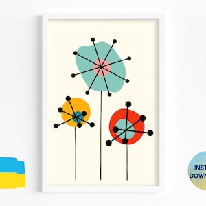 Puede incluir: Una impresión de arte imprimible con tres flores abstractas en un estilo moderno de mediados de siglo. Las flores son amarillas, azules y rojas con contornos negros y tallos.