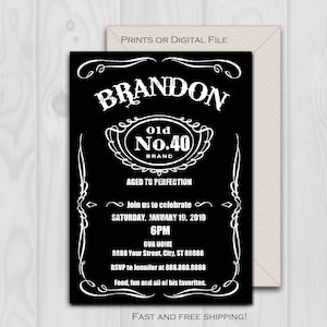 Vintage Birthday liquor Jack Invitation Black and White, 5x7, Prints or Digital File