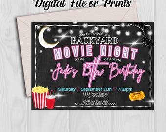 May include: A black and white invitation for a backyard movie night, celebrating a 13th birthday. The design includes a crescent moon, popcorn, a drink, and a film reel. The text reads "Digital File or Prints."