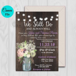 Wedding Invitation, Anniversary Vow Renewal, Floral Mason Jar, 5x7 (Digital File) Canva File