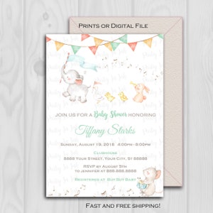 Animal Parade Baby Shower Invitation or Birthday , 5x7, Prints or Digital File