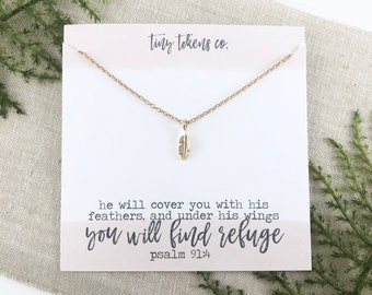 He Will Cover You With His Feathers, Feather Necklace, Psalm 91, Encouraging Gift, Christian Gift, Comfort, Minimalist, Bible Verse Jewelry