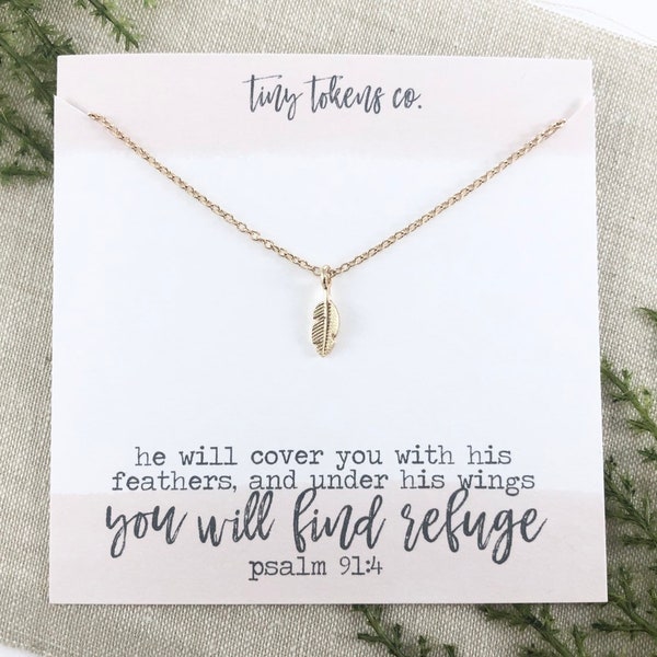 He Will Cover You With His Feathers, Feather Necklace, Psalm 91, Encouraging Gift, Christian Gift, Comfort, Minimalist, Bible Verse Jewelry