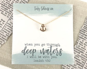 Through Deep Waters I Will Be With You Isaiah 43:2, Dainty Anchor Necklace, Christian Gift, Bible Verse Jewelry, Necklace with Card