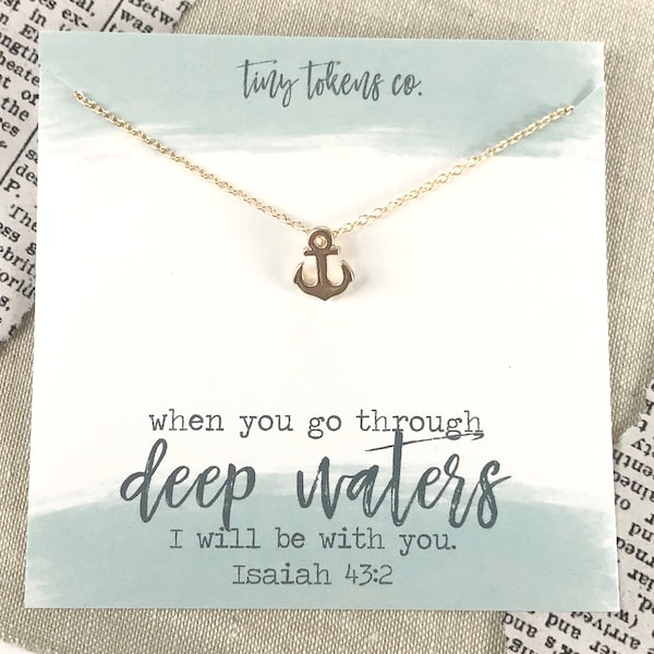 Through Deep Waters I Will Be With You Isaiah 43:2, Dainty Anchor Necklace, Christian Gift, Bible Verse Jewelry, Necklace with Card
